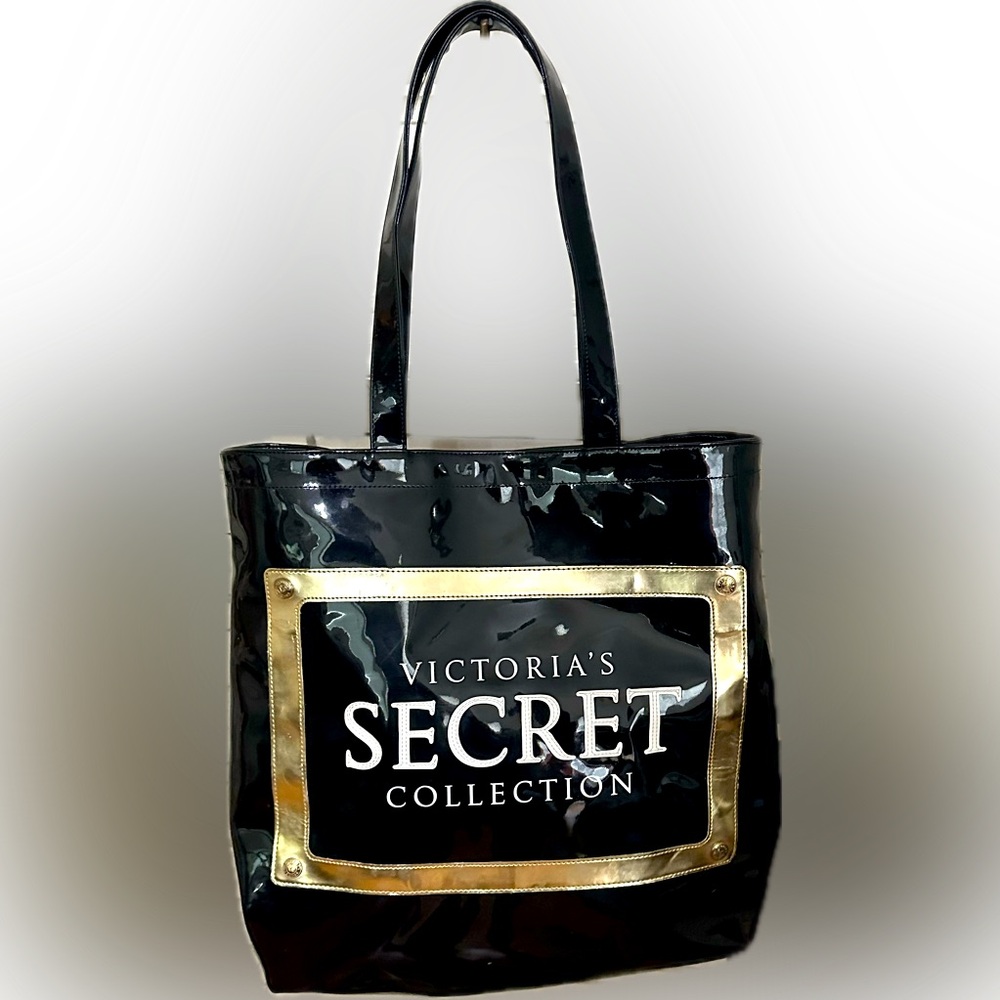 VTG VICTORIAS SECRET BLACK GOLD PATENT TOTE BAG LEOPARD LINING POCKETS 16”X 18”